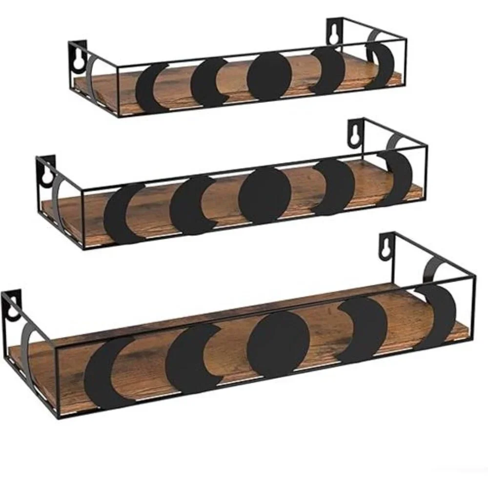 Black and Brown Floating Wall Shelves, Set of 3 Moon Phase Decorative Small